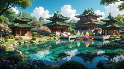 Fototapeta premium Asian pavilions with green pagoda roofs sit by clear pond reflecting tranquil garden landscape. Small boats float on water in rich trees and blooming flowers, creating peaceful scenic beauty.