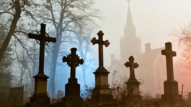 Foggy Cemetery with Stone Crosses and Silhouetted Church Steeple in Mist