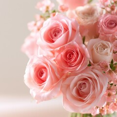 Fototapeta premium Elegant bouquet of soft pink and peach roses with delicate small blossoms creating a romantic and gentle floral arrangement for special occasions