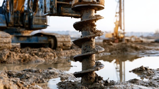 Heavy-duty drilling machinery equipped with a large auger bit extracting soil at a muddy construction site during early morning work hours