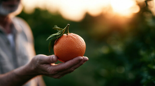 Warm sunlight in a green orchard, person proudly holding a freshly picked orange with green stem and leaves.