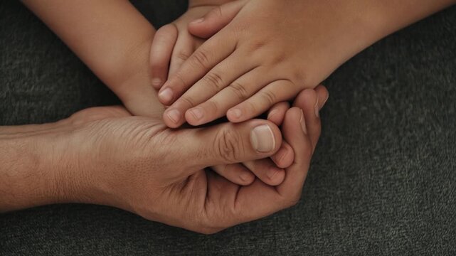 Close Up of Adult and Child Hands Holding Together Expressing Family Love Protection Care and Support