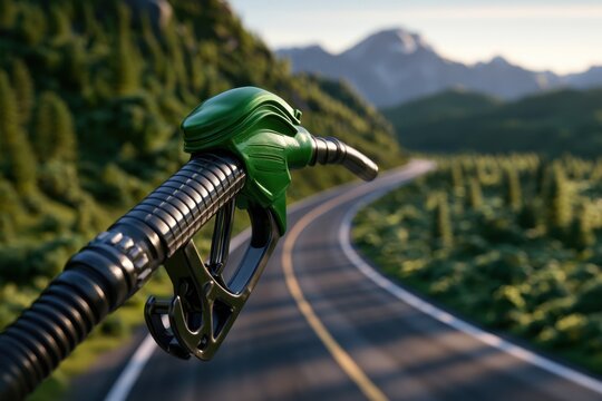 Green fuel pump nozzle with flexible hose pointed toward winding mountain road surrounded by lush forest and distant peaks during sunset light