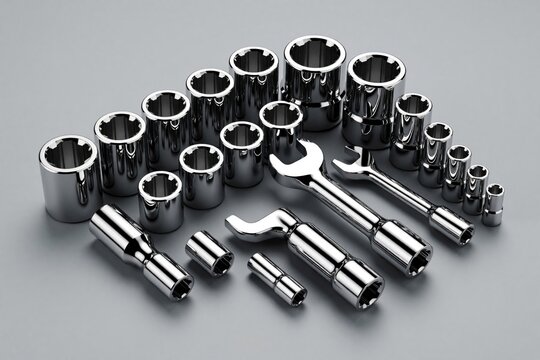 Set of shiny chrome vanadium steel socket wrenches and sockets arranged on gray background. Tools for mechanics and auto repair. Precision engineering equipment for heavy duty jobs.