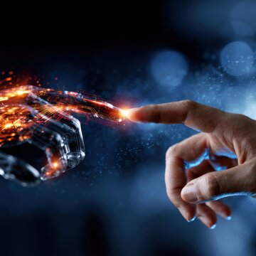 A human finger and a glowing robotic hand reaching out to touch each other against a dark futuristic background symbolizing the connection between humanity and