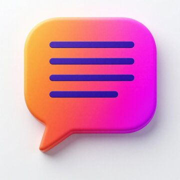 3D speech bubble icon with colorful orange, pink gradient. Chat message symbol features dark blue lines for text. Digital communication element for web design, mobile app interface, social media