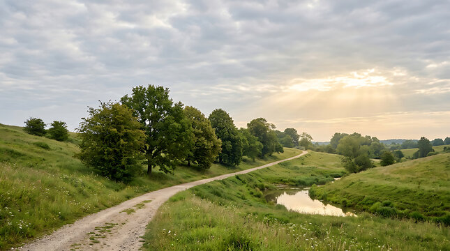 Dirt path through lush green hills winding towards golden sunlight in rolling countryside.