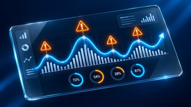 Glowing digital glass tablet displaying fluctuating performance chart with red risk alert triangles