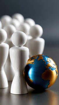 Wooden figurines grouped together with a metallic globe representing global unity and international collaboration in leadership and community initiatives