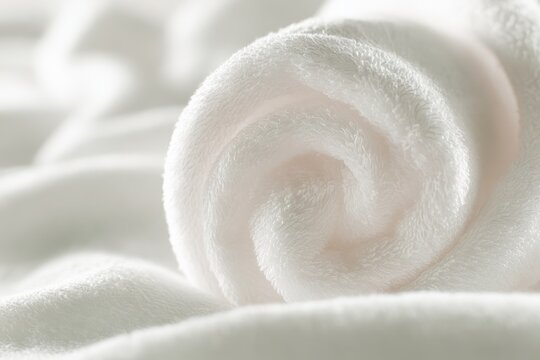 Soft white towel fabric rolled smoothly in a cozy spiral shape showcasing plush texture and delicate fibers for comfort and cleanliness concepts