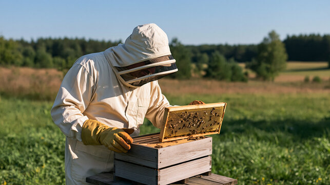 Male beekeeper checking a wooden hive while wearing protective clothing and gloves, natural countryside setting, hive maintenance, bee colony care, honey production, with copy