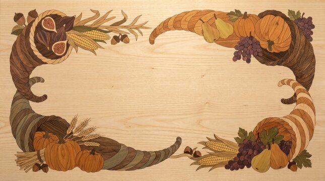 Cornucopia Border Thanksgiving Autumn wood veneer inlay background with copy space for interior design woodwork product display and holiday advertising