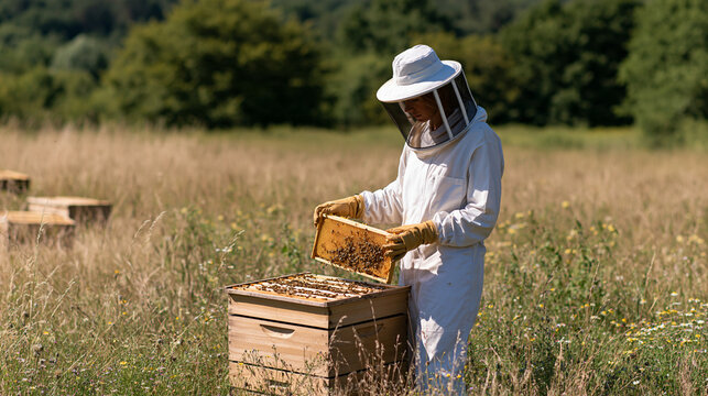 Young female beekeeper wearing protective clothing while working among wooden beehives, sunny summer meadow, honey harvesting, rural entrepreneurship, apiculture, sustainable