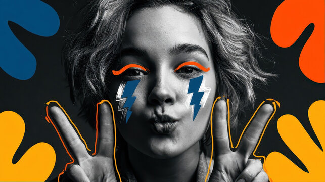 Youthful Expression: Playful Portrait with Vibrant Digital Art, Peace Signs, and Bold Colors on Dark Background.
