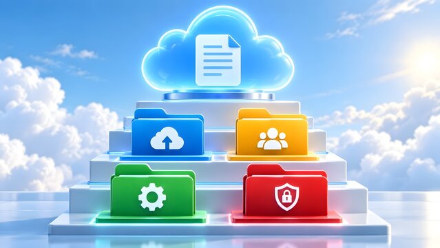 Cloud document storage hierarchy with glowing upload team gear and security folders on platform steps