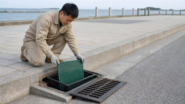 Coastal worker installing a reusable storm-drain leaf screen