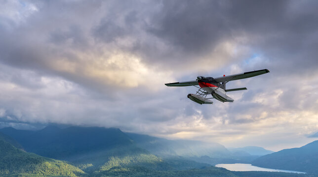 Floatplane Over Mountain Valley With Cloudy Sky &mdash; Seaplane 3D Rendering Background From BC Canada