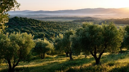 Obraz premium Sunlit olive grove landscape with rolling hills and misty mountains in the distance during a serene early morning in the countryside