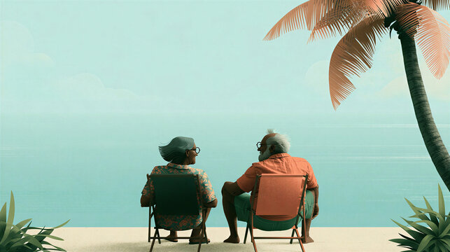 Elderly Couple Relaxing on Beach Chairs, Enjoying Tranquil Ocean View Under Palm Tree, Simple Illustration.