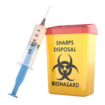 Sharps disposal container and syringe for medical waste safety and biohazard control. 3D rendering