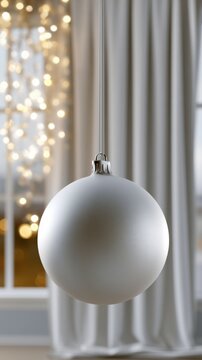A single elegant white holiday ornament hanging in front of softly lit window drapes with warm glowing decorative lights in the background