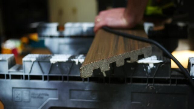 Man uses Circular Saw to Cut Composite Deck Board
