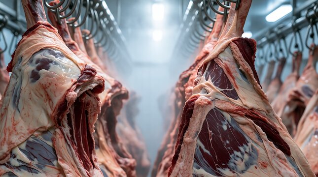 Raw beef carcasses hanging on hooks in a cold industrial meat processing plant facility.