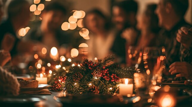 Warm intimate Christmas dinner with friends at a cozy restaurant surrounded by festive decor and joyful conversation Generative AI