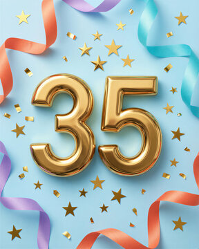 Gold balloons and confetti celebrate a 35th birthday on light blue background with ribbons.