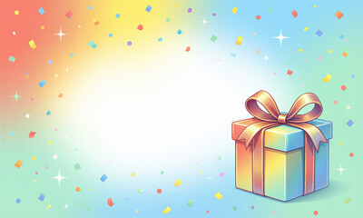 Obraz premium A colorful birthday gift box with a golden ribbon and bow sits on a rainbow background amidst confetti and star decorations.