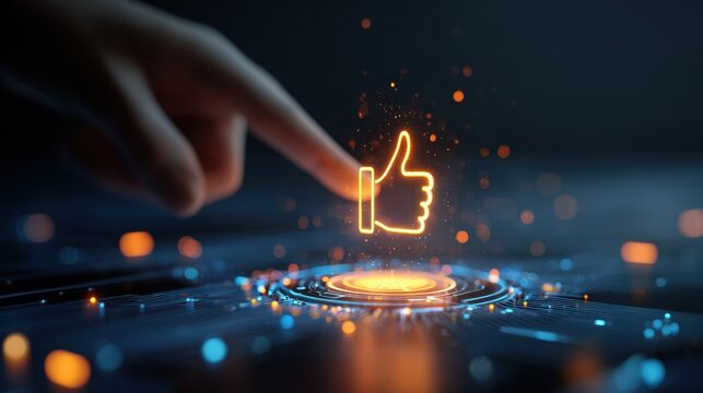 Digital concept of virtual like icon glowing above futuristic interface being activated by finger in dark background with orange and blue tones