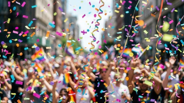 Colorful parade with confetti and streamers thrown in the air as the crowd cheers in pure excitement, defocused background.