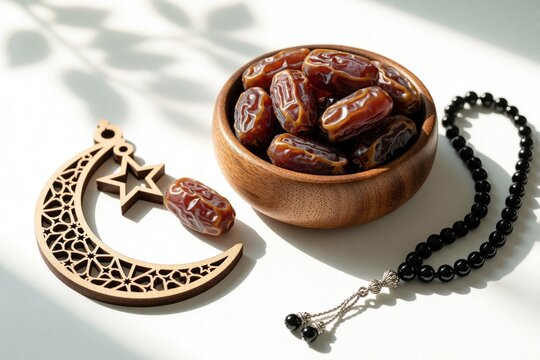 Dried dates in wooden bowl with Islamic crescent ornament and prayer beads. Food for Ramadan fasting, Iftar meal preparation, religious tradition, and Muslim holiday celebration.