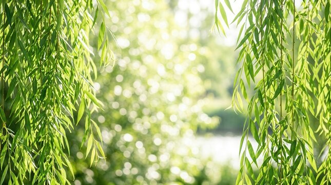 A serene and calming atmosphere created by a gentle breeze rustling through the branches of a weeping willow tree.