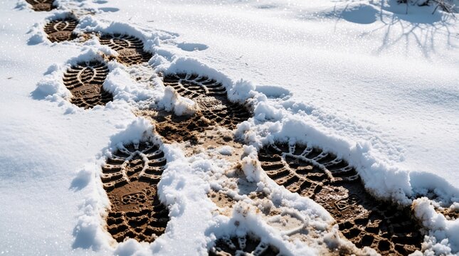Muddy boot footprints left in fresh white snow. Dirty shoe tracks mark path through winter landscape. Wet brown soil shows tread patterns on cold ground. Outdoor activity leaves trail in frozen