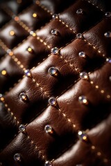 Obraz premium Brown quilted leather close up with sparkling crystals and gold stitching detail. Luxury texture pattern with diamond embellishments. Rich fabric surface for fashion design.