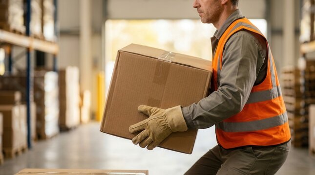 Medium shot of worker carefully lifting a heavy box with proper back posture and safe lifting practices.