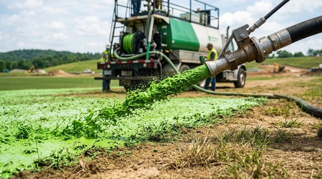 Medium shot of hydroseeding equipment evenly spreading a liquid seed mixture for a vibrant green lawn.