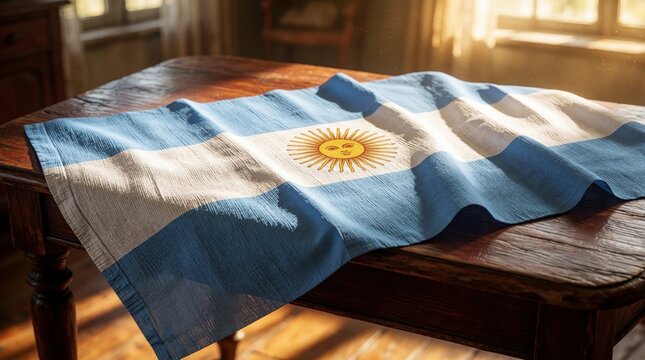Argentine flag rests on rustic wooden table bathed in sunlight. National symbol with sun emblem clearly visible on blue, white striped fabric, suggesting patriotism, heritage. Light streams through