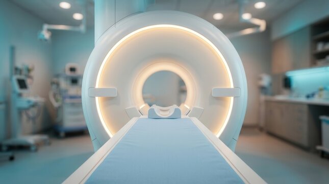 Medium shot of a pediatric-friendly MRI gantry with soft ambient lighting and patient table.
