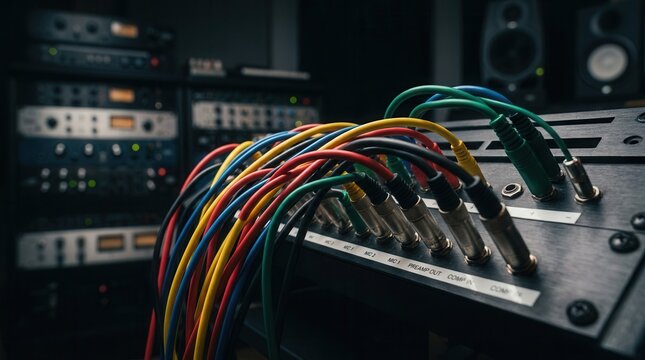 Medium shot of a patch bay with colored cables plugged in, focusing on connectors and labeling.