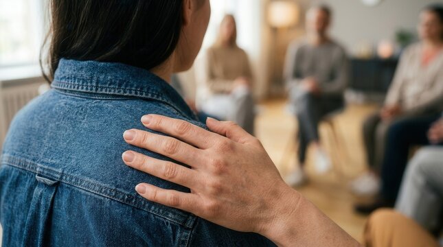A medium shot of a supportive hand on a friend's shoulder in a softly out-of-focus group setting, conveying compassion, connection, and peer support in mental health.