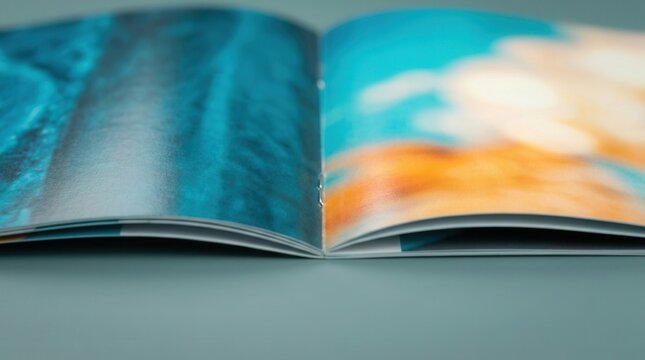 An opened glossy booklet with saddle stitched binding featuring vibrant printed pages and smooth binding staples in focus.