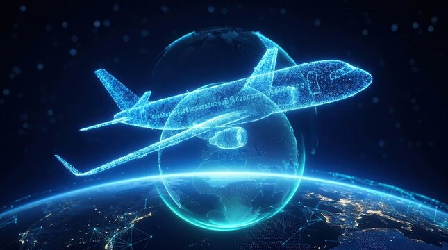 Digital earth globe with a hologram of an airplane flying around, symbolizing globalization, future technology, and augmented reality.