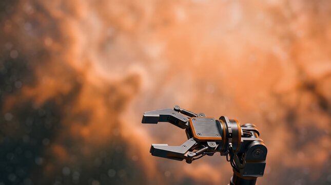 Robotic arm in outer space against a nebula backdrop, space exploration and artificial intelligence