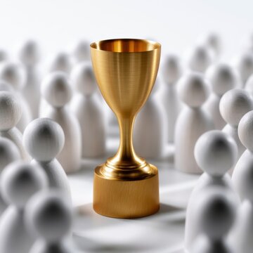 Golden trophy cup standing out prominently among blurred white wooden figurines symbolizing achievement and recognition in a competitive environment