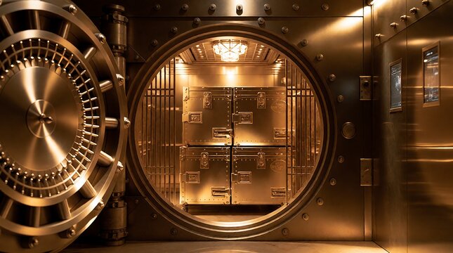 Open bank vault door with metal safe deposit boxes in a secure financial institution interior.