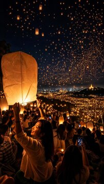 Mass lantern release crowd from hillside temple at night