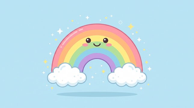Cute Rainbow and Clouds Kawaii Flat Illustration