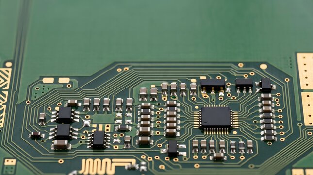 Detailed electronic circuit board with integrated circuits and components, technology and innovation